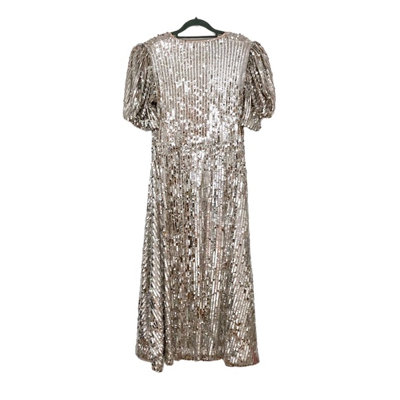 Rotate Birger Christensen Sierina Dress Silver Sequin Puff Sleeve Midi Size 6 - Picture 4 of 16